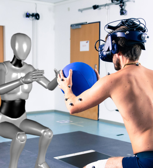 A man doing physiotherapy with a VR headset on.