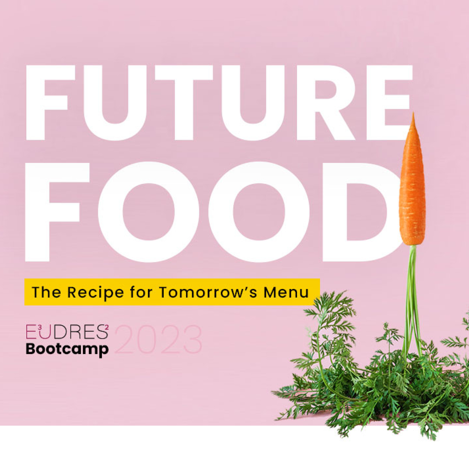 Banner for the E³UDRES² Bootcamp 2023 titled 'Future Food – The Recipe for Tomorrow’s Menu,' with a carrot growing upward from greenery on a pink background.